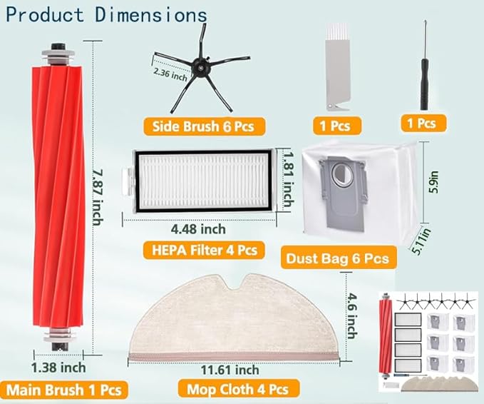 DovLazm 21 Pcs Q7 Max Replacement Parts,for Roborock Q7 / Q7+ / Q7 Max / Q7 Max+ Vacuum Cleaner Accessories Kit, 1 Main Brush, 4 Filter, 4 Mop Pad, 6 Side Brush,6 Vacuum Bag