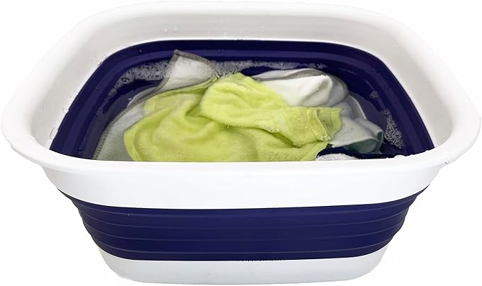 SAMMART 8L (2.1 Gallon) Collapsible Tub - Foldable Dish Tub - Portable Washing Basin - Space Saving Plastic Washtub (White/Navy Blue)