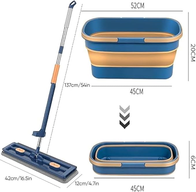 AQWEI Large Flat Mop with Bucket, 54" Large Flat Mop with Wringer, Wet and Dry Large Flat Mop with 4 Microfiber Pads (Blue)
