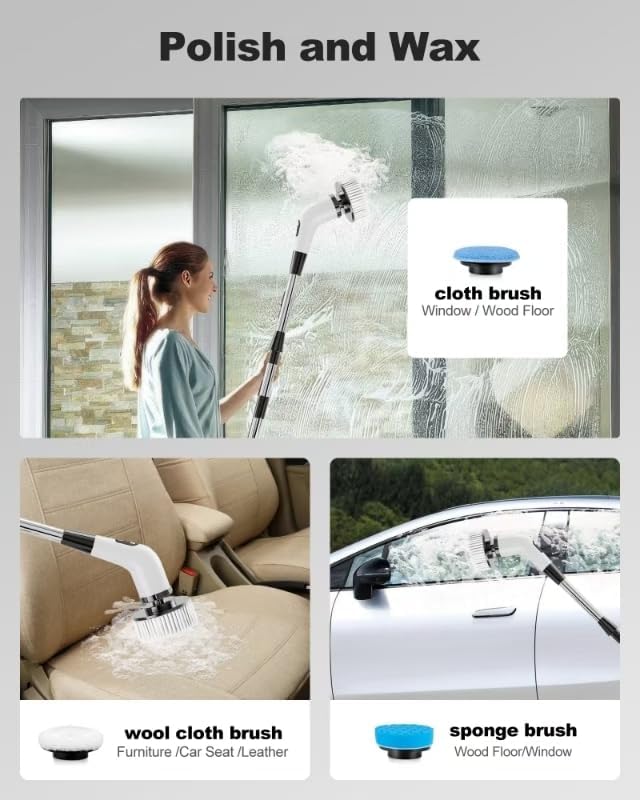 Electric Spin Scrubber, IP67 Waterproof Cordless Power Scrubber with Power LCD Display, 7 Replaceable Cleaning Brush Heads Dual Speed, Adjustable & Detachable Long Handle, Bathroom, Shower, Tub