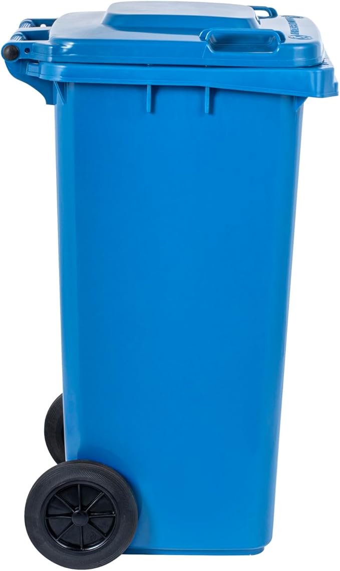 Restaurantware-Clean Tek Professional 32 Gallon Trash Can With Wheels, 1 Garbage Can With Lid - Step-On Attachment Sold Separately, Rectangle, Blue Plastic Dustbin, Long-Lasting, For Outdoor