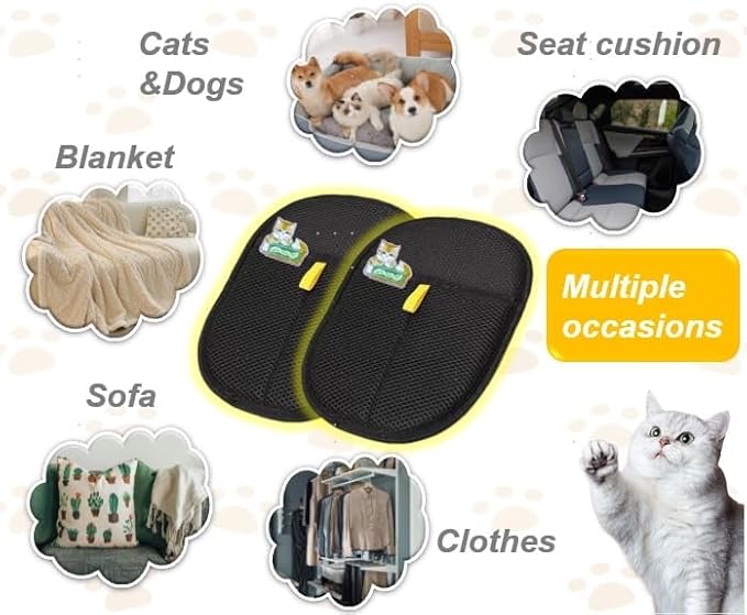 2 Packs Pet Hair Removal Tool for Cats & Dogs with Funny Cat Pins, 2025 Newly Reusable and Easy Cleaning Hair Remover, Electrostatic Pet Hair Remover for Laundry, Couch, Carpet, Car Seat