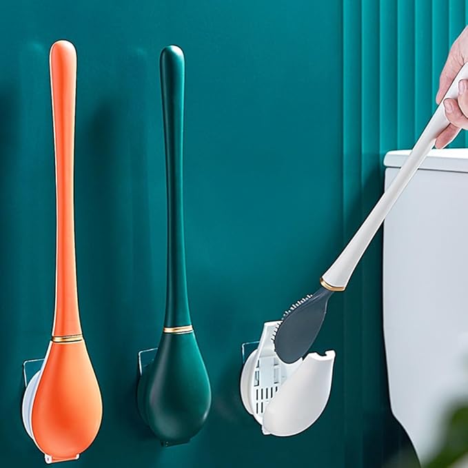 Silicone Toilet Brush & Holder Set, Deep Cleaning Wall Mounted Toilet Cleaner with Base & Adhesive Sticker for Home Bathroom