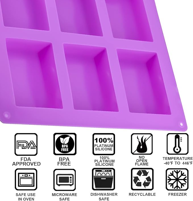 3 Pack Silicone Soap Molds, 6 Cavities Rectangle Silicone Mold, Great For Homemade Craft Soap Mold, Chocolate, Cake Molds & Ice Cube Tray - Just Pop Out(Pink & Blue & Purple)