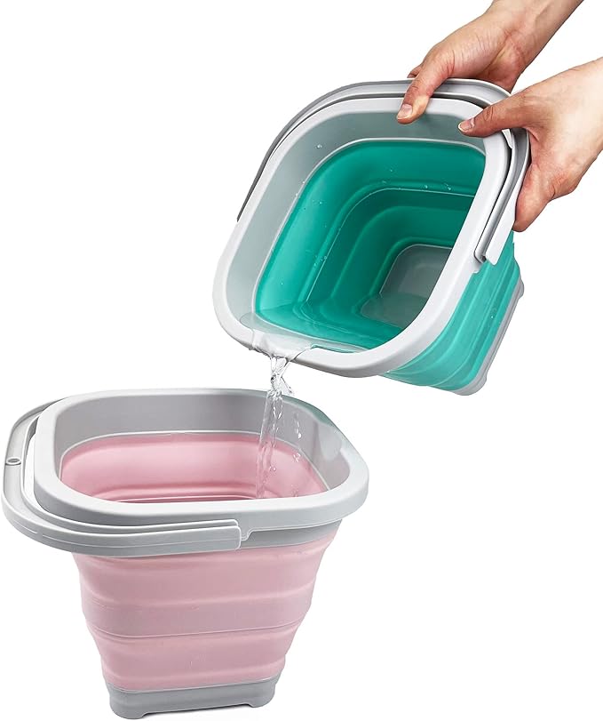 SAMMART Collapsible Rectangular Cleaning Bucket 5L (1.3 Gallon)- Foldable Camping Beach Sand Water Pot Pail- Portable Space Saving Tub for Household, Outdoor Car Washing (Grey/Pale Pink)