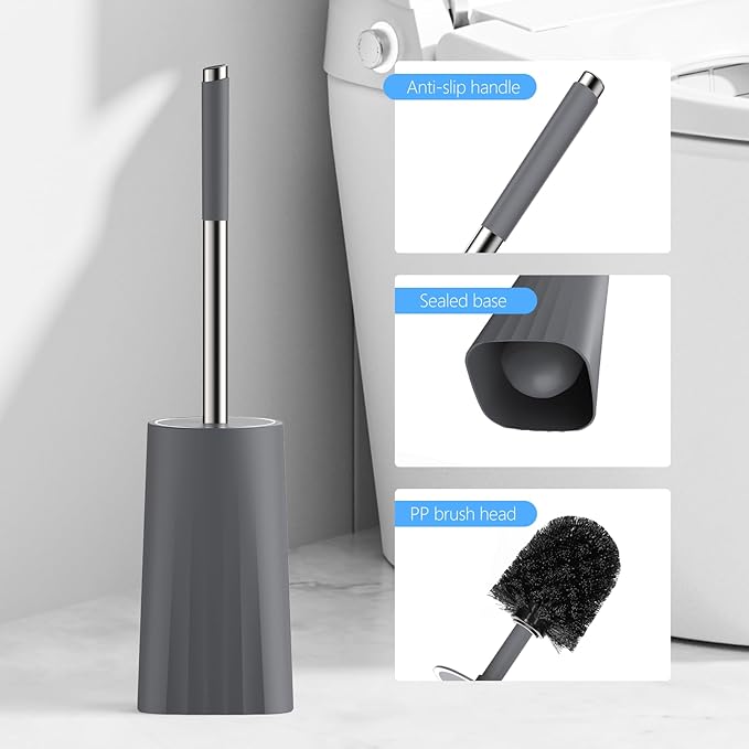 SetSail Toilet Brush, Compact Size Toilet Bowl Brush and Holder Toilet Brushes for Bathroom with Stainless Steel Handle Toilet Cleaner Brush with Durable Scrubbing Bristles, 2 Packs-Gery