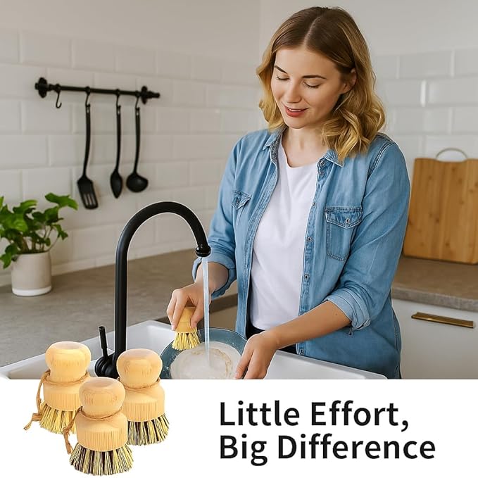 4 Pcs Bamboo Dish Brush Set – Natural Dish Scrubber with Ergonomic Handle, Durable Kitchen Cleaning Brush for Dishes, Pots & Pans – Sisal Bristles for Cast Iron