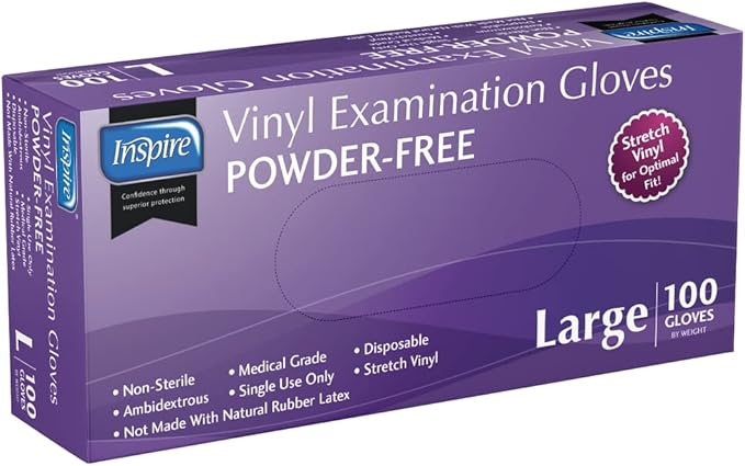 Inspire Medical Exam Gloves | Powder Free Stretch Vinyl Glove | Disposable Latex Free Gloves Food Safe For Cooking And Home Use
