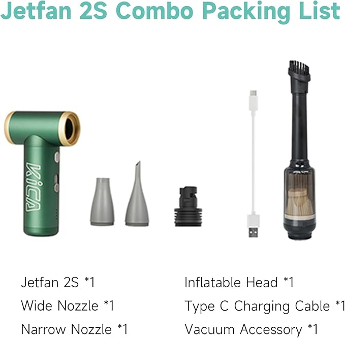 KiCA JetFan 2S Combo Compressed AirCan Substitute,117000RPM Air Duster Electric Blower for ComputerKeyboard Cleaning,Hair Drying,Camping,Outdoors,Car,Barbershop,Handmade,Rechargable,Metal Body,Green