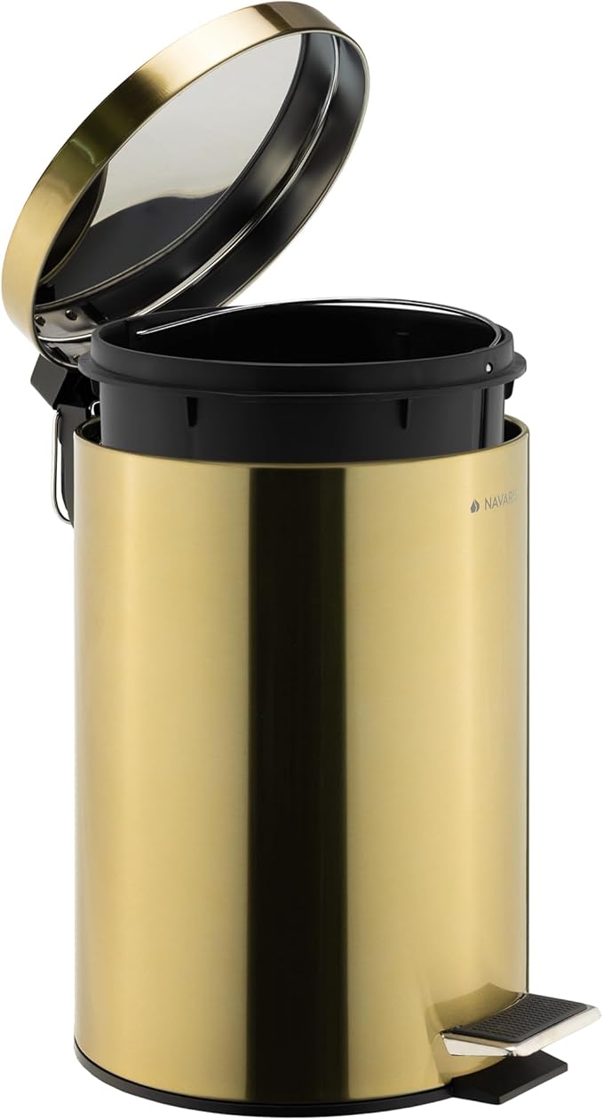 Navaris Gold Pedal Bin 3.2 gal (12 Litre) - 12L Kitchen Bin with Lid and Removable Inner Bucket - Recycling Bins for Kitchen Bathrooms Toilet Office or Bedroom - Metallic Gold