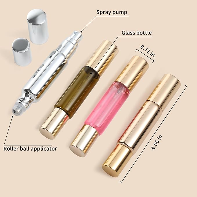 2-in-1 Travel Fragrance Spray and Roller-On Fragrance Bottle - Refillable Perfume Bottles (4 Pack) 10ML Essential Oil Roller, Travel Essentials, Roller-On Fragrance Spray Combo