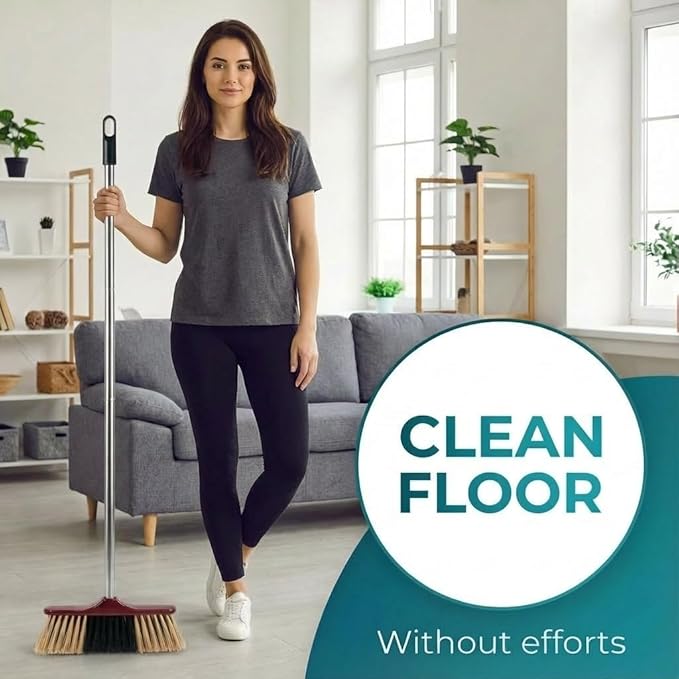 HELOMOR Indoor Push Broom with Dustpan Combo Set, Long Handle Floor Sweeping Broom for Kitchen, Garage, Office, Bathroom, Wood & Parquet Floors (2 Pack)