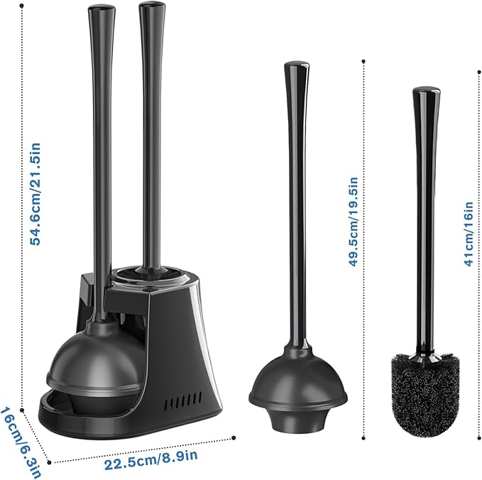 Toilet Plunger and Brush with Holder, Bowl Brush and Heavy Duty Toilet Plunger Set with Ventilated Holder, 2-in-1 Toilet Brush and Plunger Combo for 5.3-inch Toilet Drain New Pack