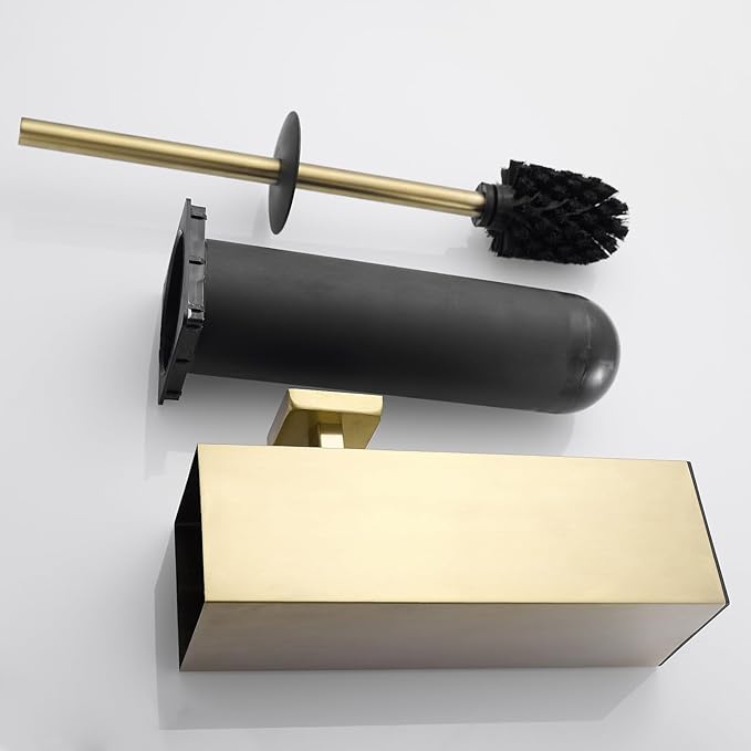AIREMOEN Toilet Brush Set - Brushed Gold, Wall-Mounted Holder, Cleaning Brush Head, and Splash Guard
