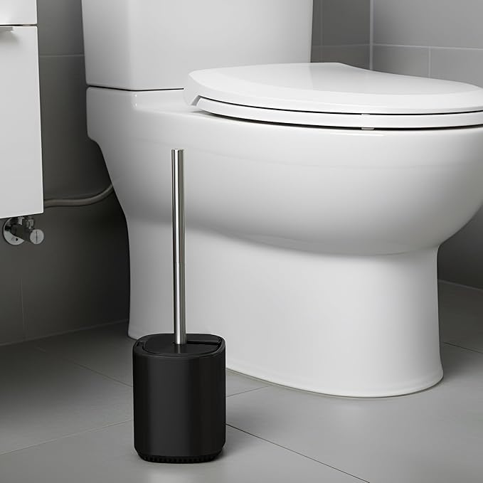 Leadfun Toilet Bowl Brush and Holder, Toilet Brush with Stainless Steel Handle and Durable Bristles for Bathroom Cleaning, Automatic Closing Holder Set (Black)