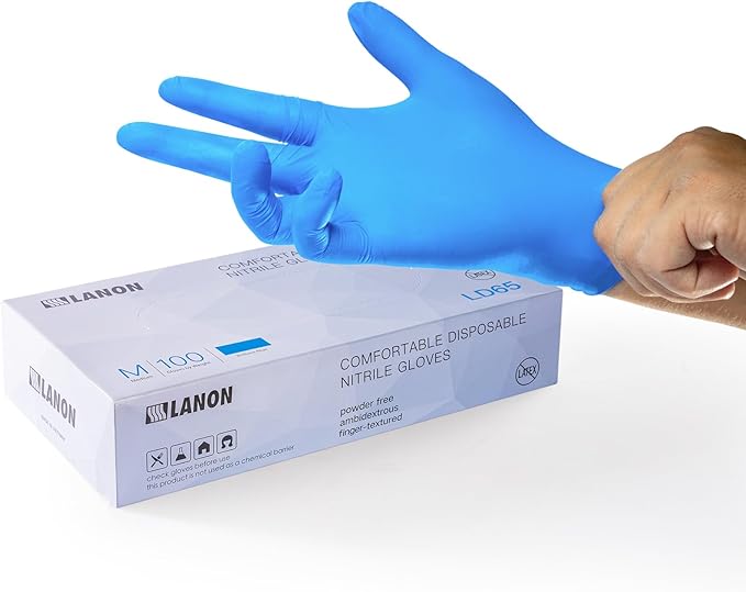 LANON Protection Blue Disposable Nitrile Gloves, Silicone-Free, Food-Safe, Chemical Resistant, Powder-Free, Textured Fingertips, Cooking, Cleaning, Case, Medium
