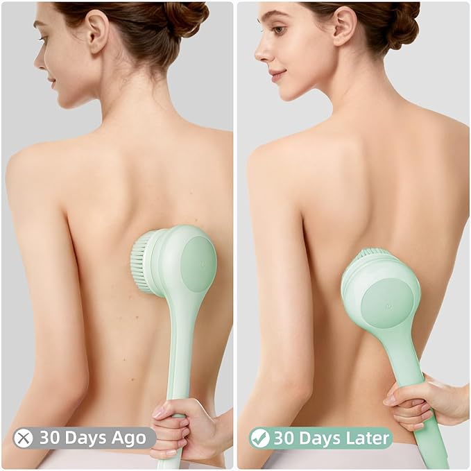 Oh,XIYU. Electric Body Brush Back Scrubber for Shower, Waterproof Long Dual Handle Power Body Scrubber with 3 Heads, Rechargeable Bath Brush & 2 Speeds, for Cleansing, Exfoliating and Massaging Skin