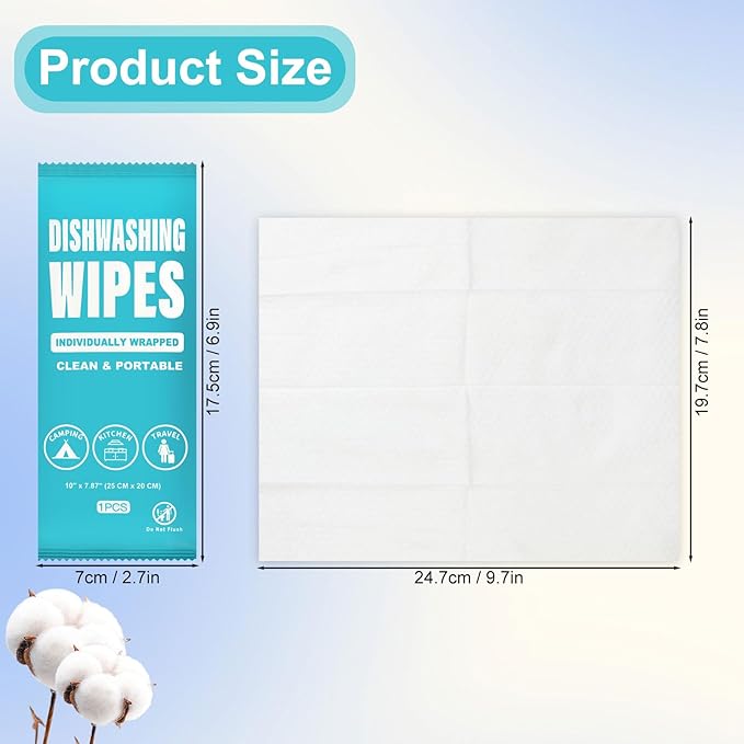 Dish Cleaning Wipes Individually Wrapped, Portable Kitchen Disposable Dish Soap Wipes Bulk Travel Size Quick Cleaning Dishes Dishwashing Pads Wipes for Outdoor Traveling/Camping/Hotel (100 Pcs)