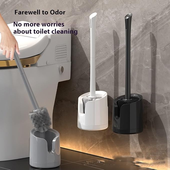 Wall-Mounted Toilet Brush Holder Set - No-Drill Adhesive & Drip-Free Tray, Space-Saving Bathroom Organizer, Deep Clean Brush with Under-Sink Storage (White)