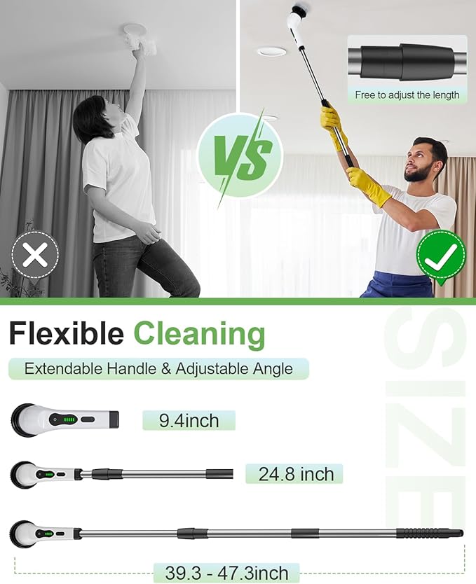 Electric Spin Scrubber, Cordless Cleaning Brush, Shower Scrubber with 9 Brush Heads 2H Power Dual Speed, Adjustable Extension Handle, IPX7 Waterproof for Tub Tile Floor Car, O-White.