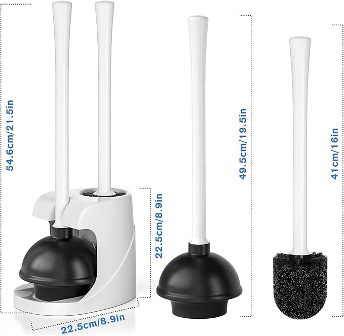 Toilet Plunger and Brush, Bowl Brush and Heavy Duty Toilet Plunger Set with Ventilated Holder, 2-in-1 Bathroom Cleaning Combo with Modern Caddy Stand for 5.7-inch Toilet Drain(White, 2 Set)