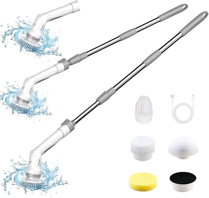 Electric Spin Scrubber, Cordless Bathroom Scrubber Cleaning Brush Cleaner with Adjustable Extension Long Handle, Battery Level Display, 3 Brush Head, 1 Sponge Head