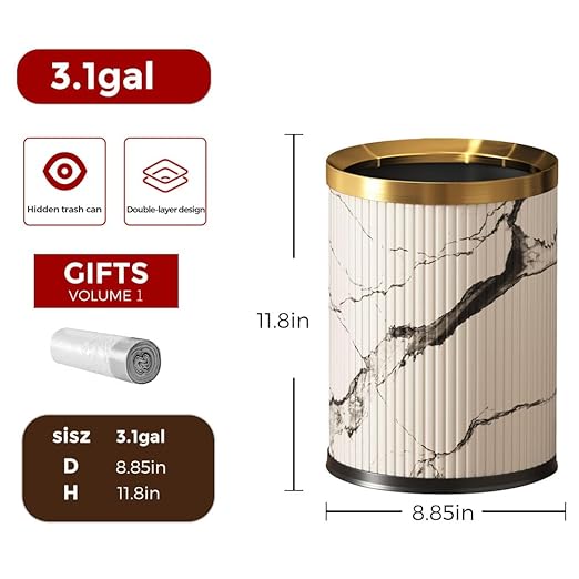 Small Fancy Bathroom Trash Can, Metal Trash Can Covered with Leather, Open Top, Hide The Garbage Bag,Bathroom, Living Room, Bedroom, Office, Bank, Hotel (12L-Ink Painting)