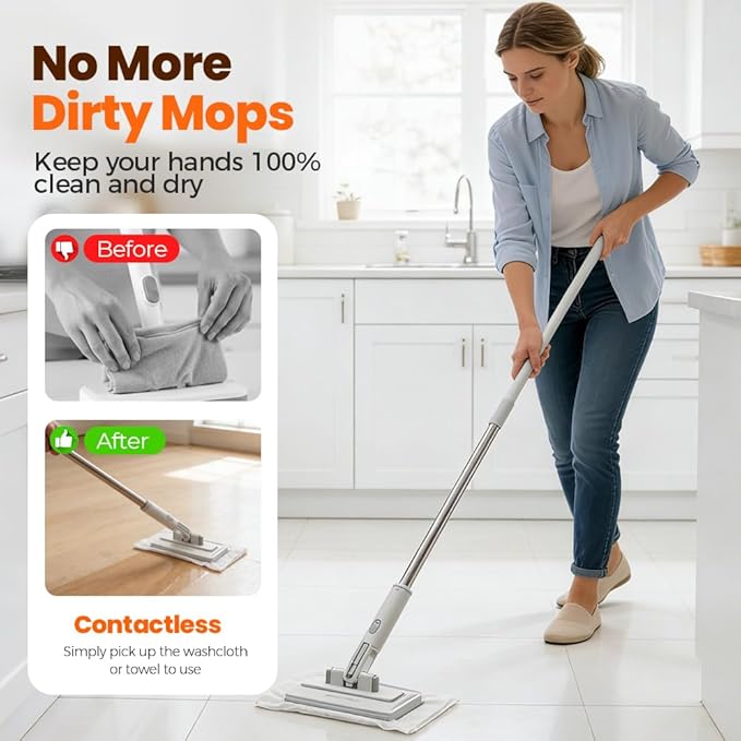 Snap Grip Mini Mop,Mini Sweeper Mop No-Touch Dirty Cleaning Flat Dust Mop for Dry Wet Disposable Pads,Corners Wall Multi Surface Cleaning (White 10.2x48.4 inch)