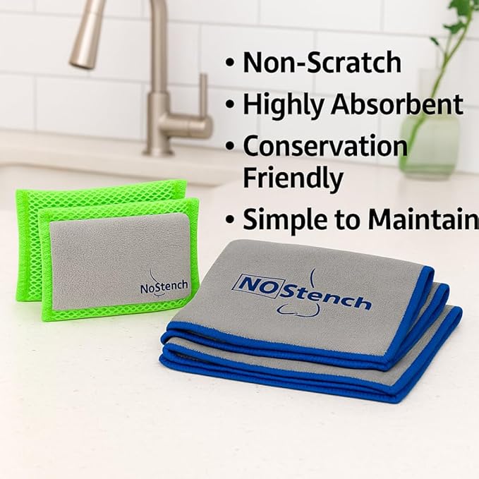 Kitchen Sponge | Odor Resistant, Non-Scratch Microfiber Mesh and Terry Cloth Sponge, No Odor, Long Lasting Odor Protection | Durable Odor Free Lifestyle Product | Treated Combo Pack