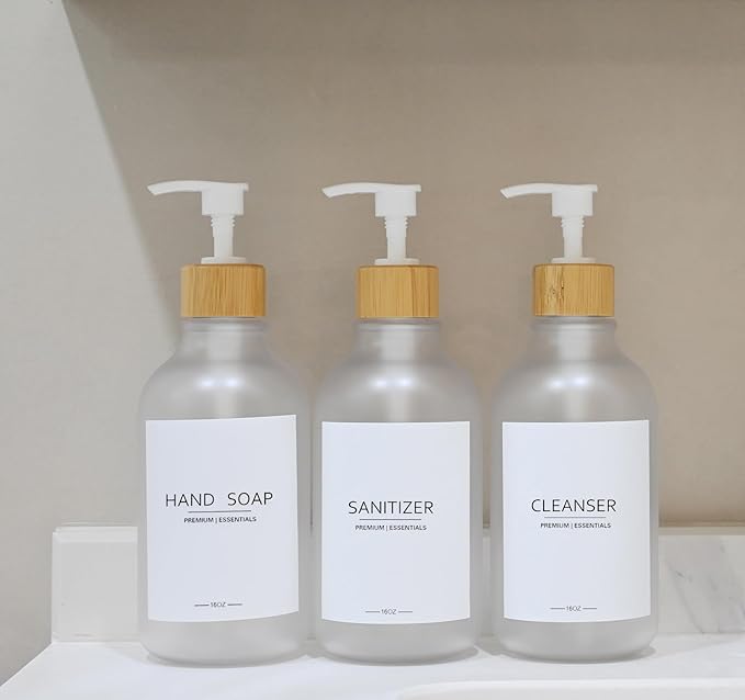 Frosted Plastic Shampoo and Conditioner Bottles, Apothecary Dispenser Bamboo Pump, Refillable Bottles for Shower Lotion, Oil, Hand Soap, Sanitizer, Liquid Soap, Set of 3 with 9 Labels (3, Matte Clear)