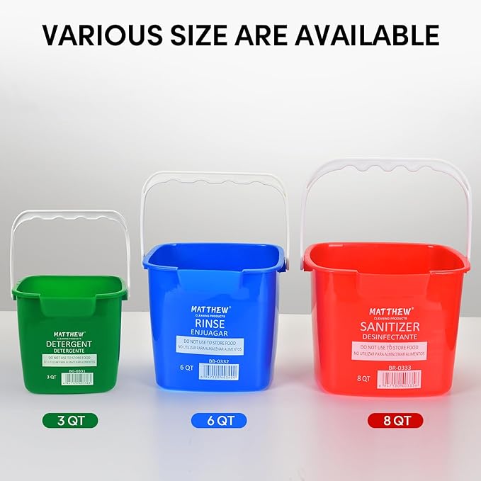 Matthew Detergent&Sanitizing Cleaning Bucket 3 Quart Plastic Pail,Set of 12 Square Containers,Built-In Spout w/Handle,Wash Rinse Sanitize Handwash Bucket for Home Commercial Restaurant (6 Red&6 Green)