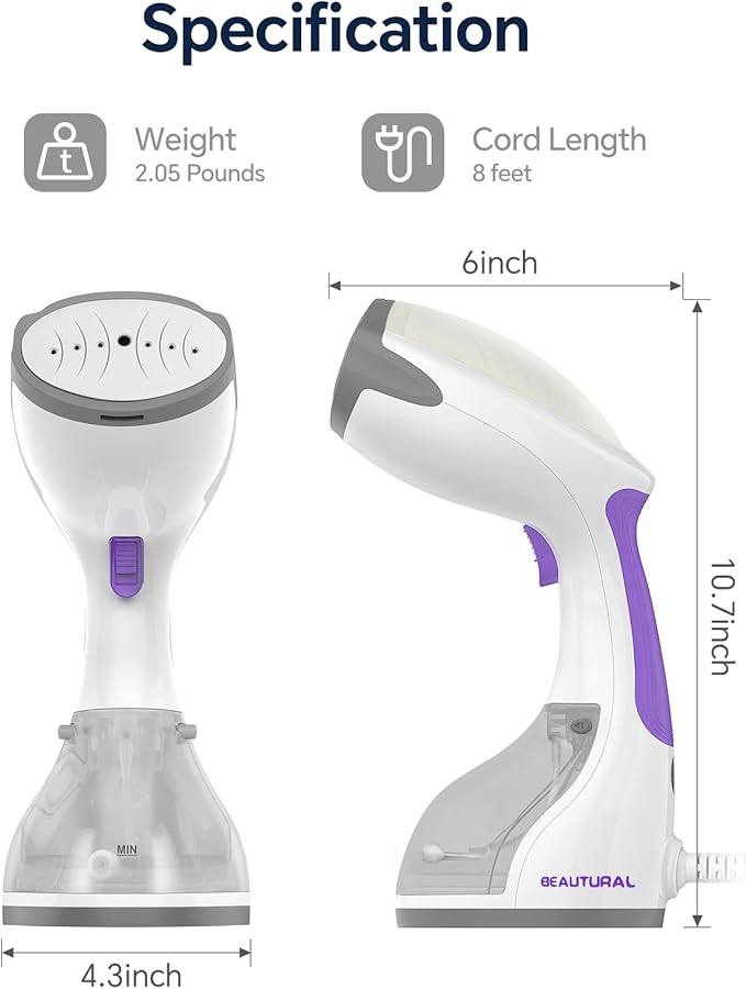 BEAUTURAL Steamer for Clothes, Portable Handheld Garment Fabric Wrinkles Remover, 30-Second Fast Heat-up, Auto-Off, Large Detachable Water Tank