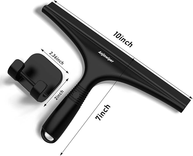 Anjinwiper All-Purpose Shower Squeegee for Glass Doors with Hook, Silicone Squeegee for Shower Glass, Shower Doors, Windows, Bathroom, Mirrors and Tiles(10 inch, Black)