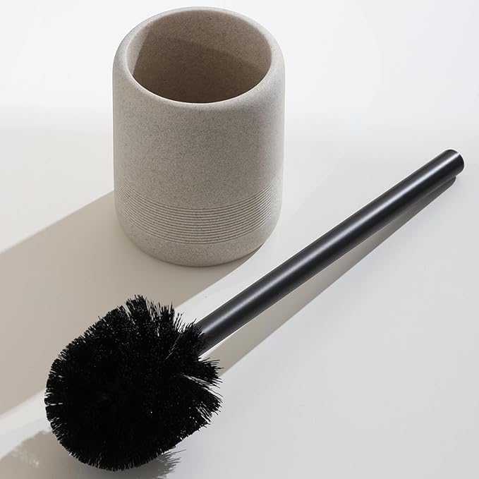 Haocoott Toilet Brush and Holder Set, 2 PCS Decorative Toilet Bowl Brush and Holder Set Bathroom Aceessories Toilet Scrubber Brush Set with Heavy-Weight Resin Base with Long Handle (Beige)