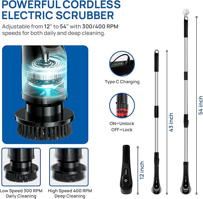 2025 Upgraded Electric Spin Scrubber – Shower Scrubber with Long Handle, Cordless Electric Cleaning Brush, 400 RPM Dual-Speed, IPX5 Waterproof, 90-Min Runtime, 8 Brush Heads for Powerful Cleaning