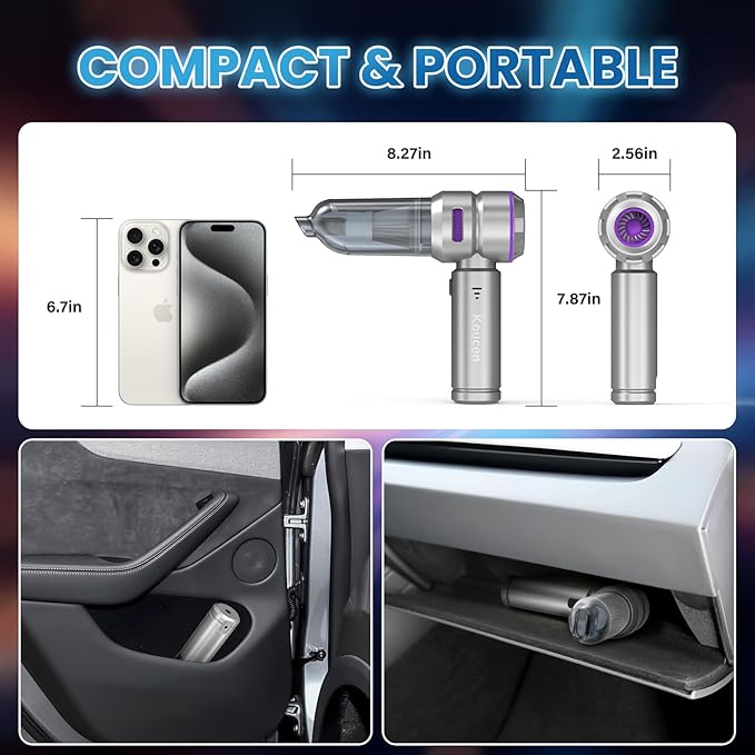 Koucen Car Vacuum Portable Cordless 20000pa High Power 4-in-1 Handheld Vacuum Cordless Rechargeable, Portable Vacuum with 3 Reusable Filter, Small Vacuums for Car Home Office & Pet(Silver Purple)