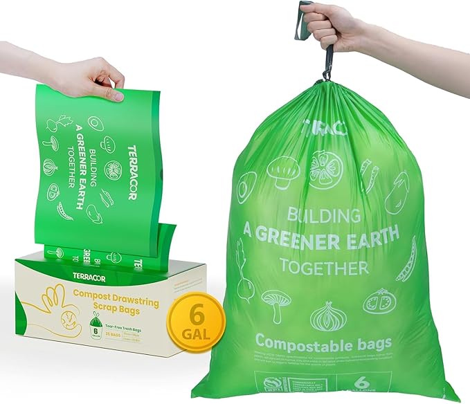 TERRACOR 6 Gallon Compostable Trash Bags Drawstring, Heavy Duty Extra Thick 1 Mil, 35 Bags, Tall Kitchen Food Scrap Waste Bag, ASTM D6400