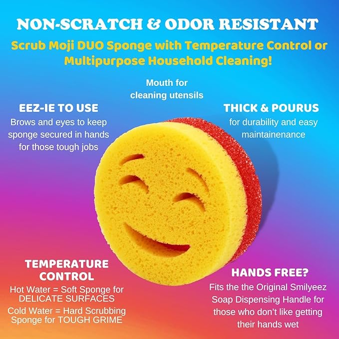 The Original Smiling Handle for Scrub Daddy (Reg. TM) Sponge and Scrub Moji Sponge (White Handle) & 3 Scrub Moji DUO's
