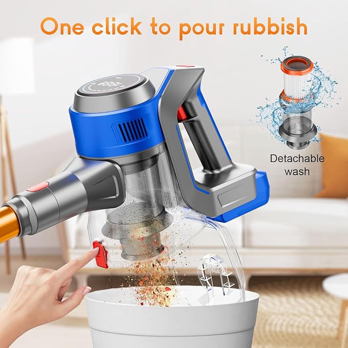 BSNAW Cordless Stick Vacuum Cleaner - Rechargeable, Powerful Vacuums with Detachable Battery Display, Max 45Mins Runtime, 8 in 1 Handheld Vacuum for Hardfloor & Carpets Pet Hair, 45Kpa Yellow