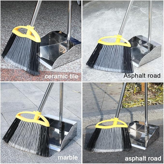 GLOHOO Broom and Dustpan Set, Outdoor Heavy Duty Broom with Stainless Steel Dustpan,Stiff Bristles Broom and Metal Dust Pan for Home