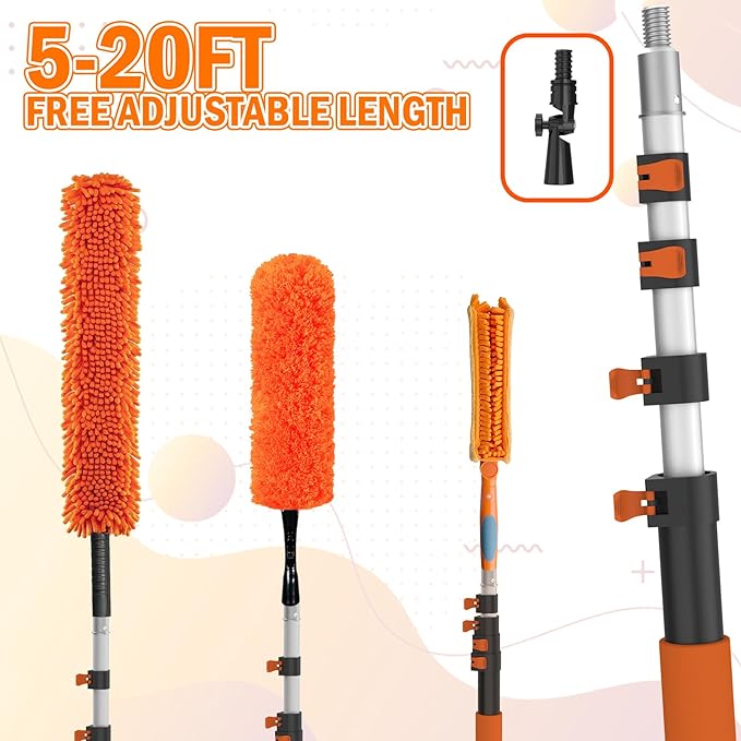 LAANPOLE 26FT Reach Ceiling Fan Cleaner Duster, Fan Blade Cleaner Kit with 5-20FT Extension Pole, Microfiber Duster & Replaceable Cleaning Cloth for Blades, Ceiling, Furniture