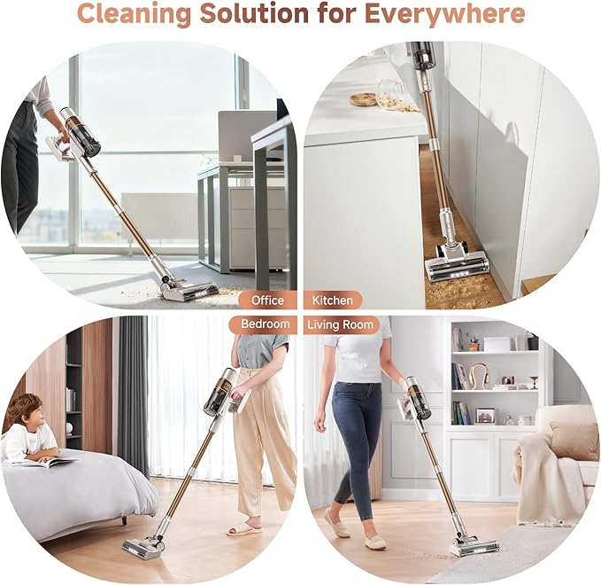 Clinkal Cordless Vacuum Cleaner: 40KPA Powerful Suction Cordless Stick Vacuum Cleaners for Home, Anti-Tangle Brush, Lightweight, 6-in-1 Rechargeable Vacuum for Pet Hair/Carpet/Hard Floor(Off-White)
