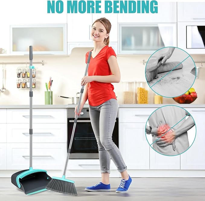 Michao Upgrade Broom and Dustpan Set, Silicone Broom,Long Handle Broom with Upright Standing Dustpan, Squeegee - Broom for Indoor Cleaning 2+1,for Indoor Outdoor,Smooth Floors, Rugs (Green-Grey)
