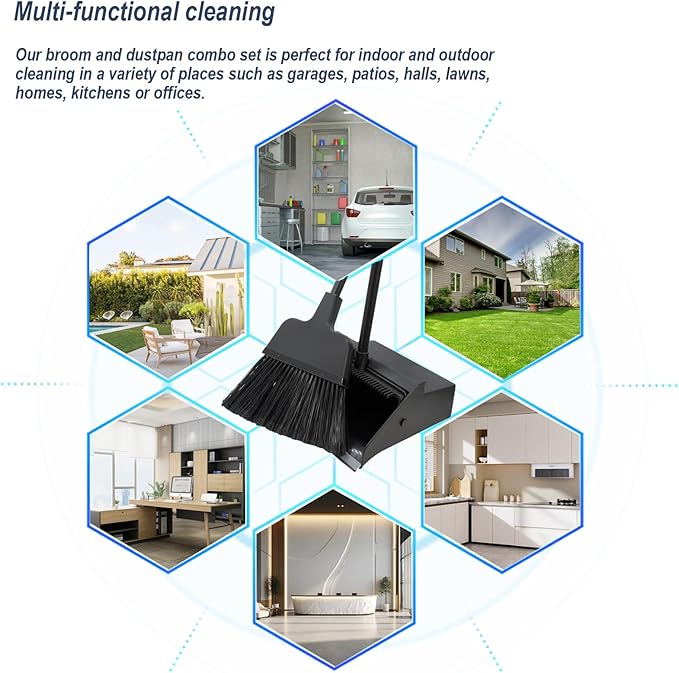 NBGYTECH Broom with Dustpan Combo Set Outdoor Upright Dustpan and Broom Set with Long Handle Angle Broom and Dustpan Set for Garage Patio Courtyad Lobby Lawn Home Kitchen Ofiice