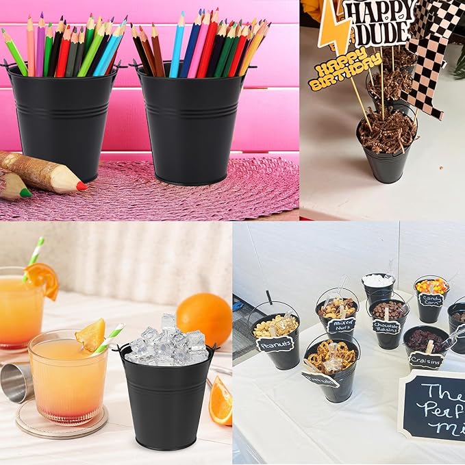 20 Pack Black Mini Metal Buckets, 4 Inch Round, Black Galvanized Buckets with Metal Handles, Perfect for Party Favors, Crafts, Garden & Beach