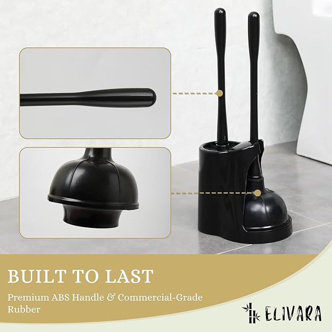 ELIVARA Toilet Plunger and Bowl Brush Combo with Dual-Compartment Holder – Heavy Duty Suction, Ergonomic Handles, Anti-Splash, Sleek Compact Design (Black)