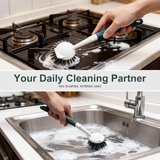 DMBMHMBDF Dish Brush, 2 Pack with Comfortable Handle, with Built-in Scraper, Scrub Brush with Stiff Bristles for Cleaning Dishes, Sink, Pots(Green)