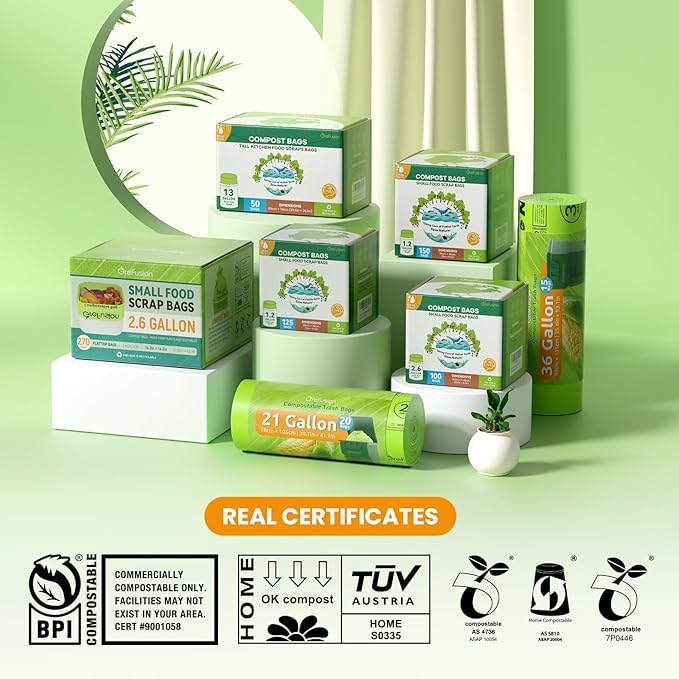 GreFusion Compostable Trash Bags 21 gallon,20 Count,Extra Thick 1.28 Mills,Fits13-25 gallon trash can, Extra Strong and thick,Compostable Lawn & Leaf Yard Waste bags,ASTM D6400,Bpi Certified