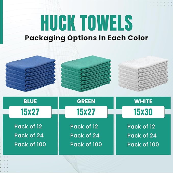 Premium Green Huck Towels – (100 Pack) 15 x 27 inches 100% Cotton Bulk Towel for General Cleaning, Auto Shop, and Hospital Use, Super Absorbent, Machine Washable Cloth