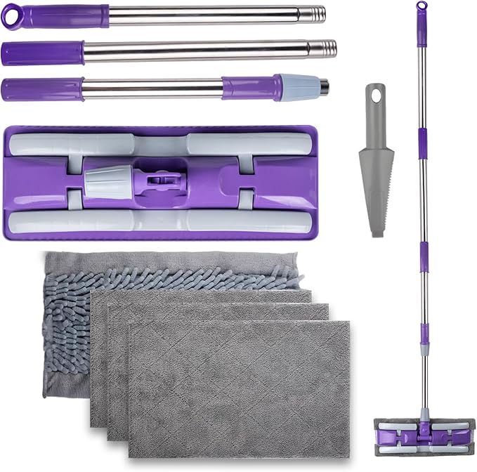 ITTAHO Microfiber Mops for Floor Cleaning ,Wet Dry Flat Mop with Stainless Steel Telescopic Handle,4 Reusable Mop Pads , Dust Mop for Hardwood Floors ,Home,Laminate,Tile,Hardwoods Cleaning (Purple)
